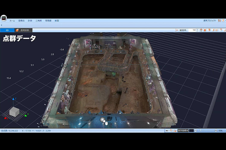 北墳丘墓保存館内を３Dスキャンし点群データ化した写真